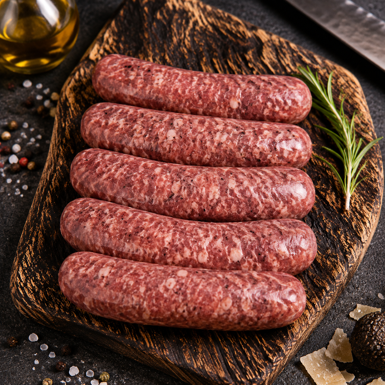Λουκάνικα Black Angus με τρούφα και παρμεζάνα, με πλούσια γεύση και ξεχωριστό άρωμα. Ιδανικά για σχάρα, τηγάνι, φούρνο ή air fryer.