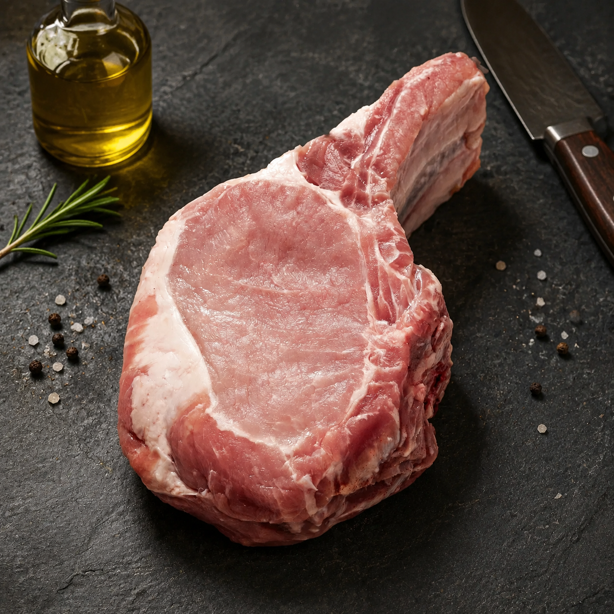 Double Bone Steak Ελληνικού Μαύρου Χοίρου ελευθέρας βοσκής, με δύο κόκαλα. Ιδανική για σχάρα, κάρβουνα ή συνδυασμό τηγανιού και φούρνου.
