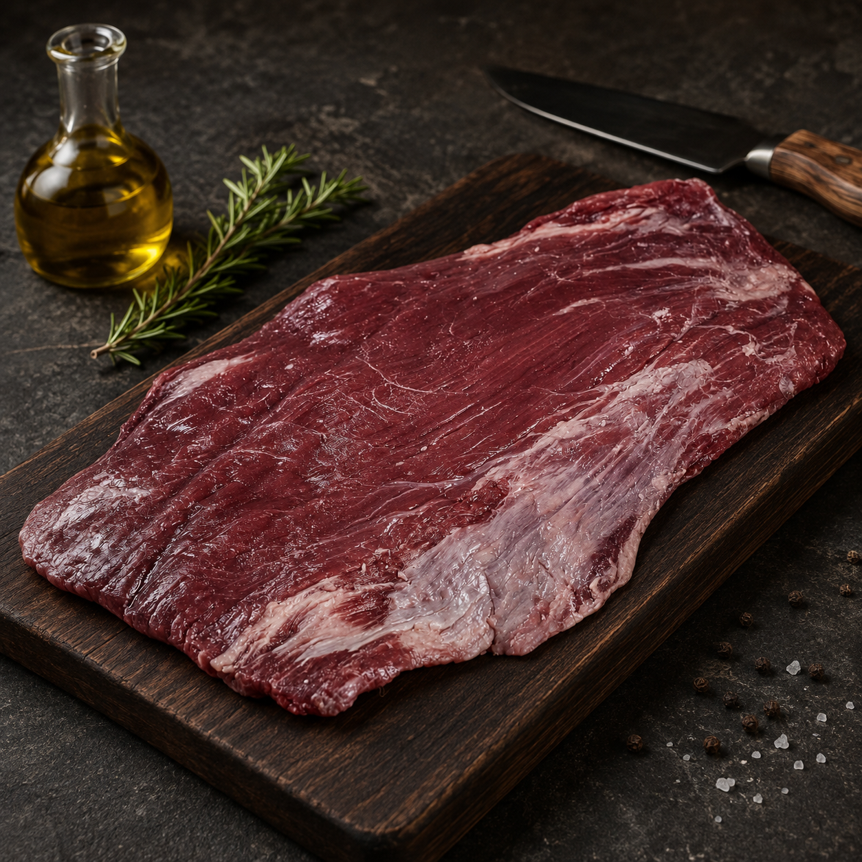 Μοσχαρίσιο Flank Steak ωρίμανσης 20 ημερών, ιδανικό για σχάρα ή μαντεμένιο τηγάνι. Σερβίρεται σε λεπτές φέτες κομμένες κόντρα στις ίνες.