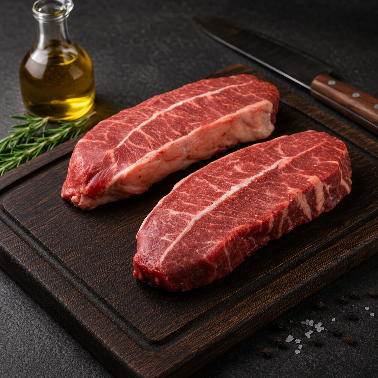Μοσχαρίσιο Flat Iron Steak ωρίμανσης 20 ημερών από τη σπάλα, ιδανικό για σχάρα ή μαντεμένιο τηγάνι και σερβίρισμα σε λεπτές φέτες.