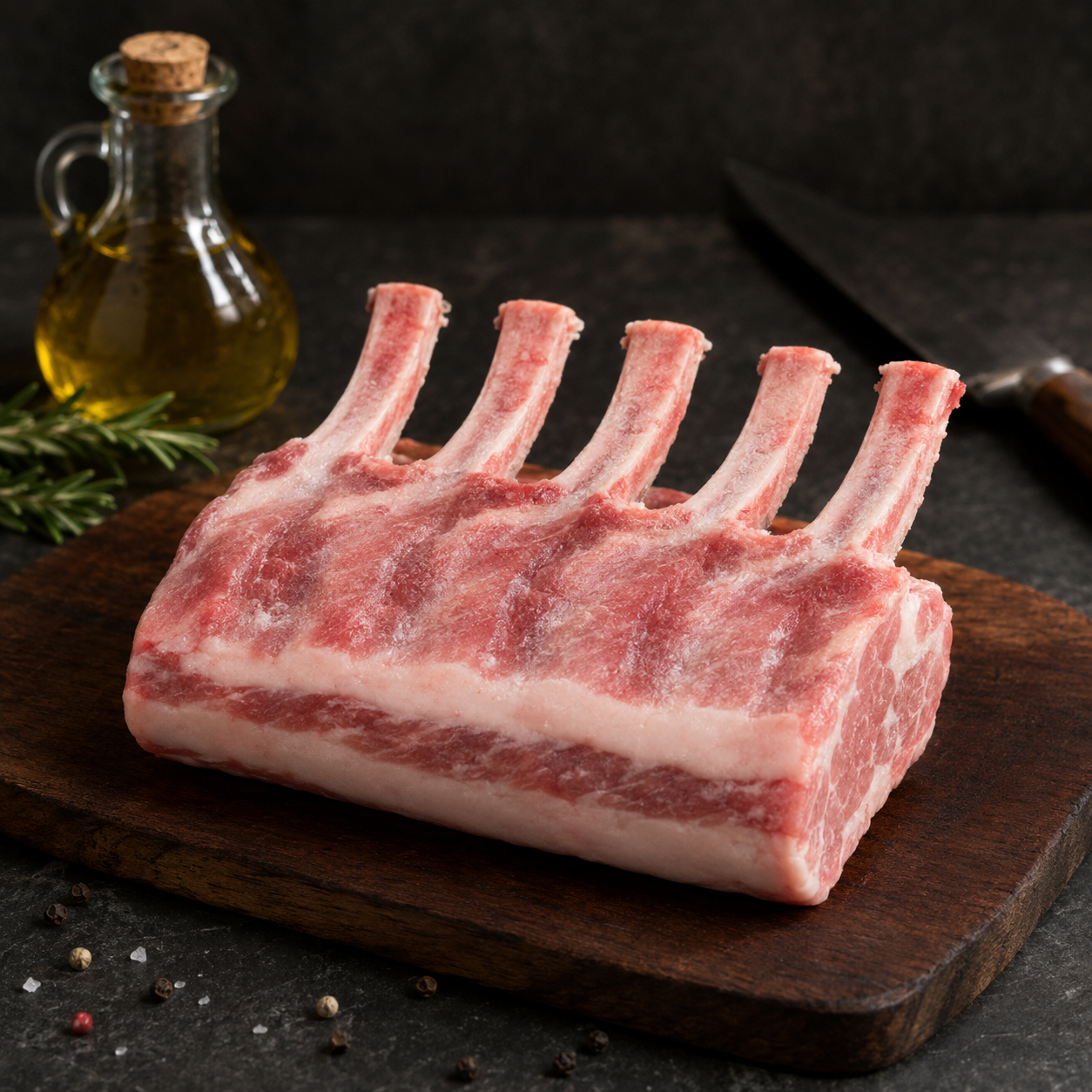 Κατεψυγμένο Iberico Pork French Cut Los Linares Ισπανίας, μια εντυπωσιακή χοιρινή κοπή με κόκαλο για σχάρα, κάρβουνα, τηγάνι ή φούρνο.