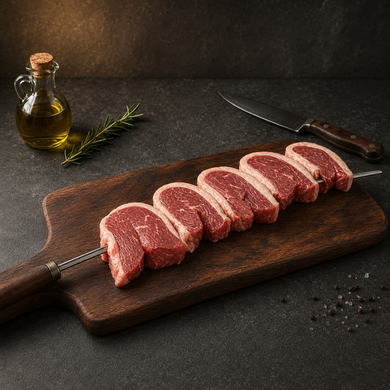 Ανακαλύψτε Picanha Angus ωρίμανσης Devesa Αργεντινής, τοποθετημένη σε σουβλί και έτοιμη για ψήσιμο σε κάρβουνα ή ψησταριά.