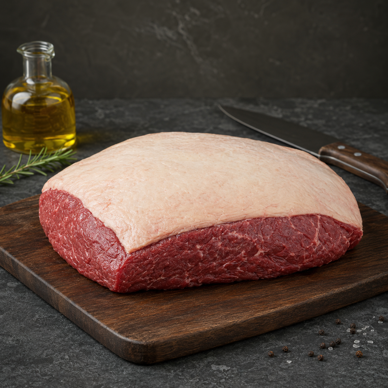 Picanha Angus Grain Fed John Dee Αυστραλίας, με χαρακτηριστικό στρώμα λίπους και πλούσια γεύση. Ιδανική για σχάρα, κάρβουνα, σούβλα και φούρνο.