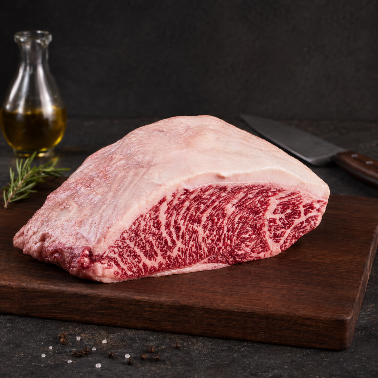 Picanha ιαπωνικού Wagyu A5 BMS 10 από την Kagoshima, με εξαιρετικά υψηλό μαρμπλινγκ και πλούσια γεύση. Ιδανική για σύντομο ψήσιμο σε λεπτές φέτες.