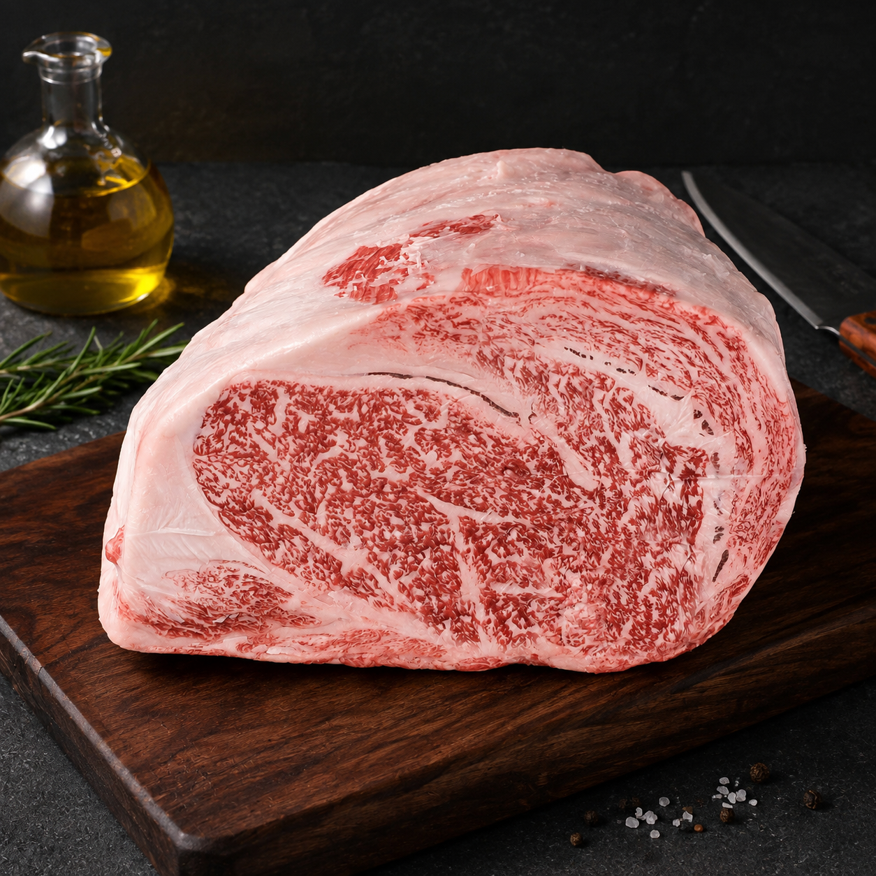 Rib Eye Kobe Wagyu A5 BMS 12 από τη Hyogo Ιαπωνίας, με την ανώτατη βαθμίδα μαρμπλινγκ. Ιδανικό για σύντομο ψήσιμο και μικρές μερίδες.
