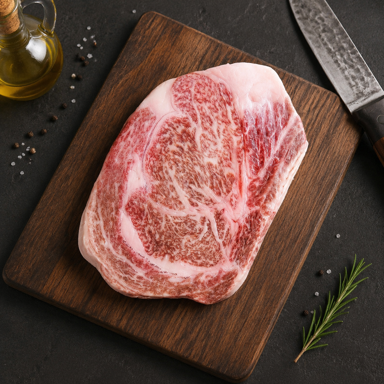 Rib Eye ιαπωνικού Wagyu A4 από την Kagoshima, με πλούσιο χαρακτήρα και μαλακή υφή. Ιδανικό για σύντομο ψήσιμο σε πλάκα ή μαντεμένιο τηγάνι.