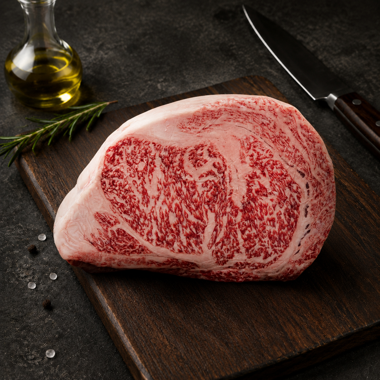 Rib Eye Wagyu A5 BMS 10 από την Kagoshima Ιαπωνίας, με έντονο μαρμπλινγκ, βουτυράτη γεύση και εξαιρετικά τρυφερή υφή.