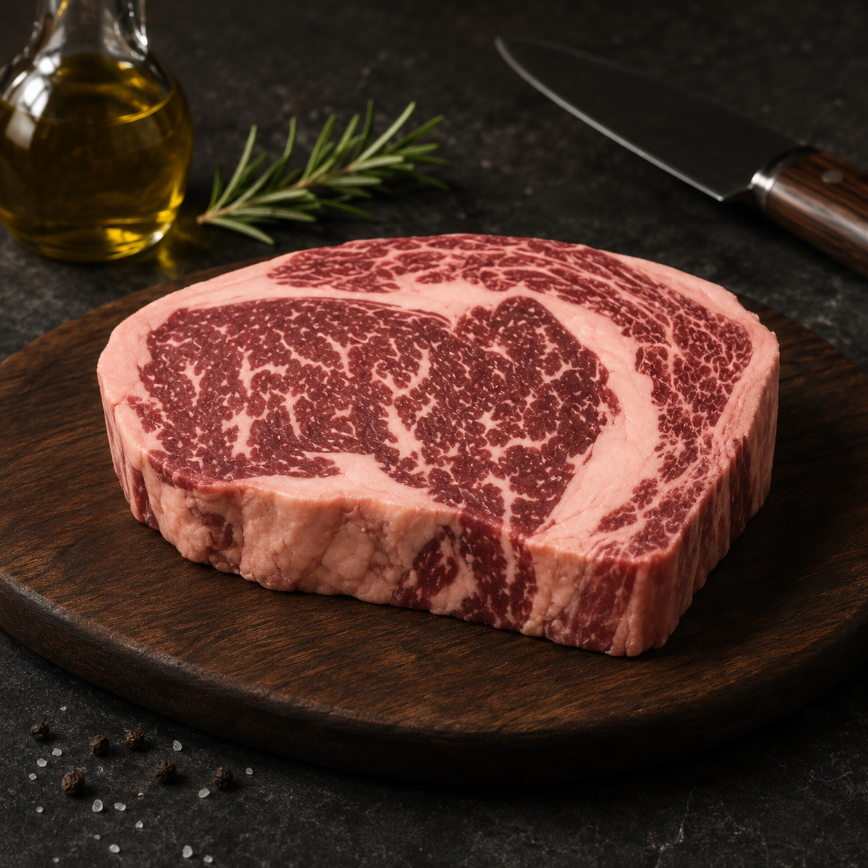 Rib Eye Wagyu BMS 5+ Snake River Farms USA, με έντονο μαρμπλινγκ και πλούσια γεύση. Ιδανικό για σχάρα, μαντεμένιο τηγάνι και reverse sear.