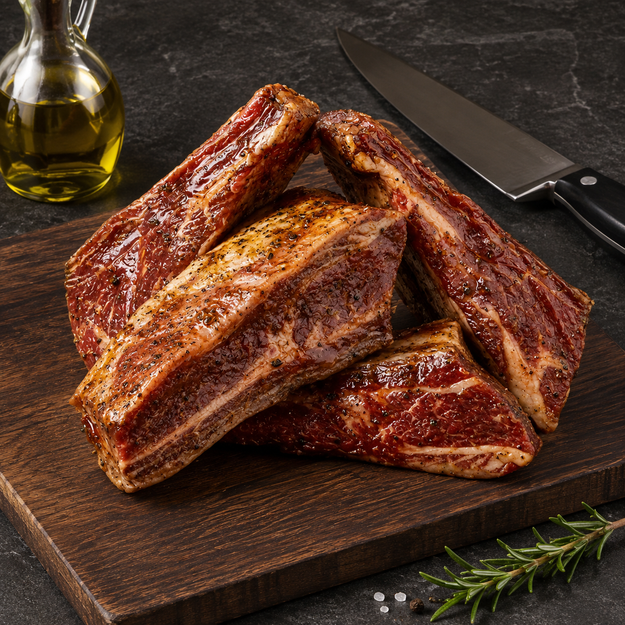 Μαριναρισμένα Short Ribs Black Angus με BBQ sauce και αρωματικά βότανα. Ιδανικά για αργό ψήσιμο στον φούρνο, στα κάρβουνα ή στο barbecue.
