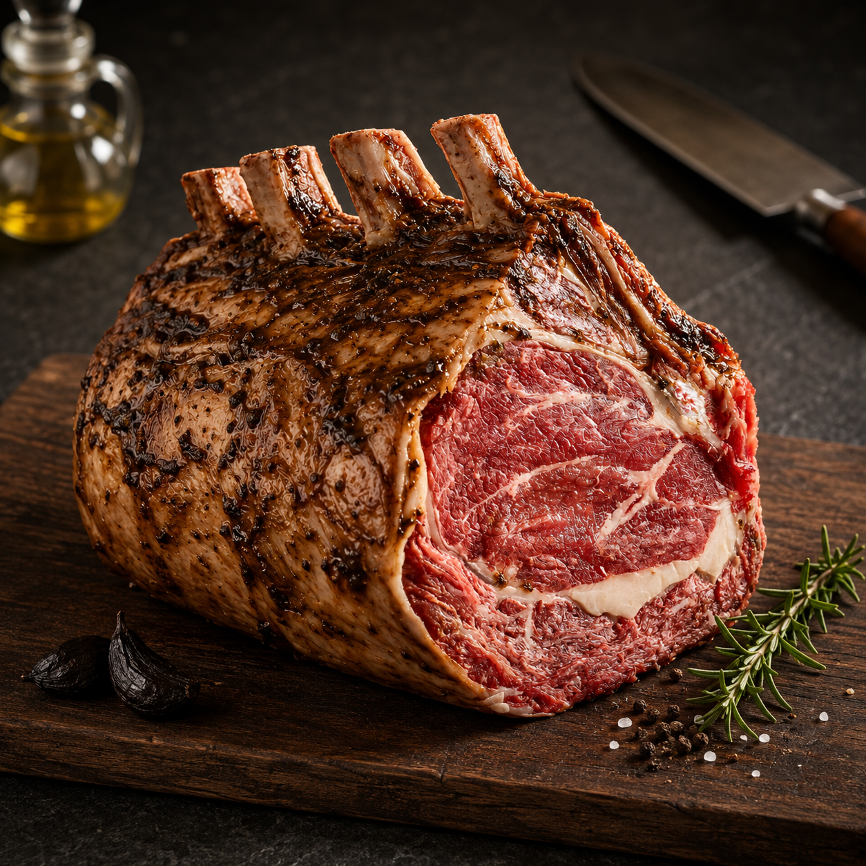 Ολόκληρο μοσχαρίσιο Standing Rib Roast ωρίμανσης 20 ημερών, μαριναρισμένο με μαύρο σκόρδο. Ιδανικό για αργό ψήσιμο σε φούρνο ή barbecue.