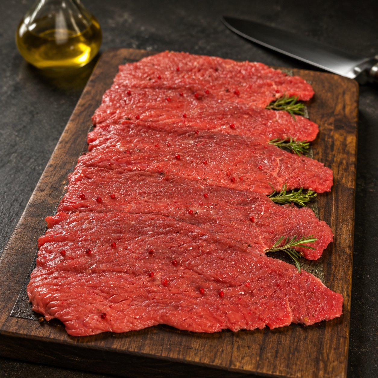 Tagliata Steak Black Angus με γλυκά ροζ πιπέρια, έτοιμο για σχάρα ή μαντεμένιο τηγάνι. Σερβίρεται σε λεπτές φέτες μετά το ψήσιμο.