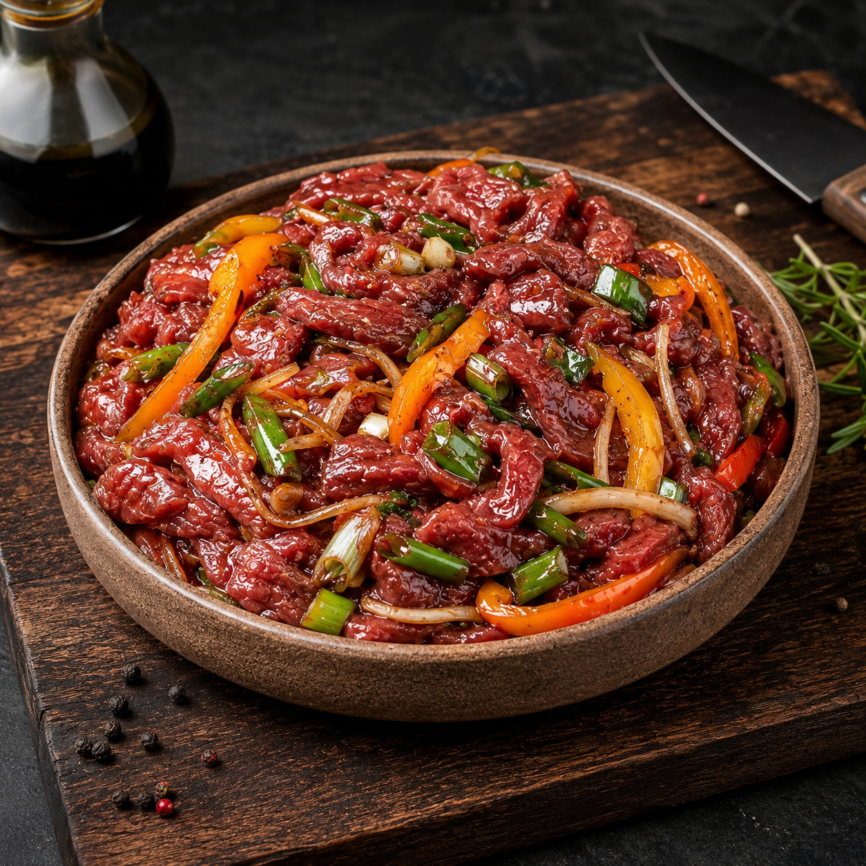 Άψητο Ταϊλανδέζικο Tenderloin Black Angus Creekstone USA με σάλτσα σόγιας και λαχανικά