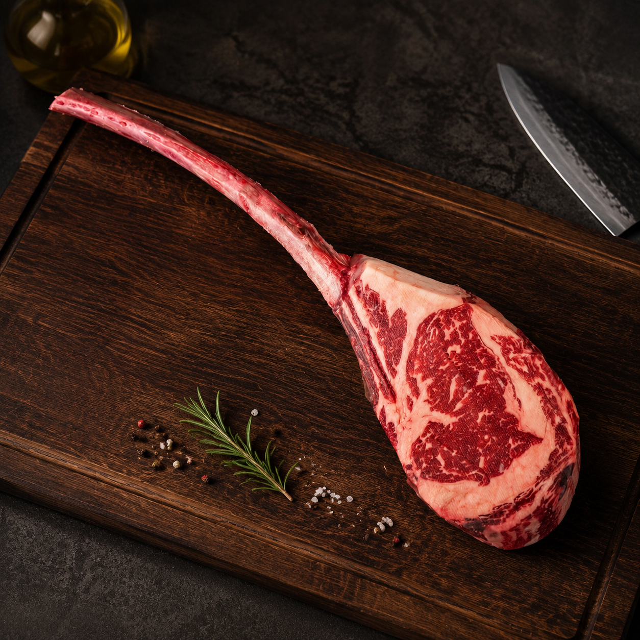 Ωμό Tomahawk Black Angus Grain Fed French Cut Creekstone USA με καθαρισμένο μακρύ πλευρικό κόκαλο