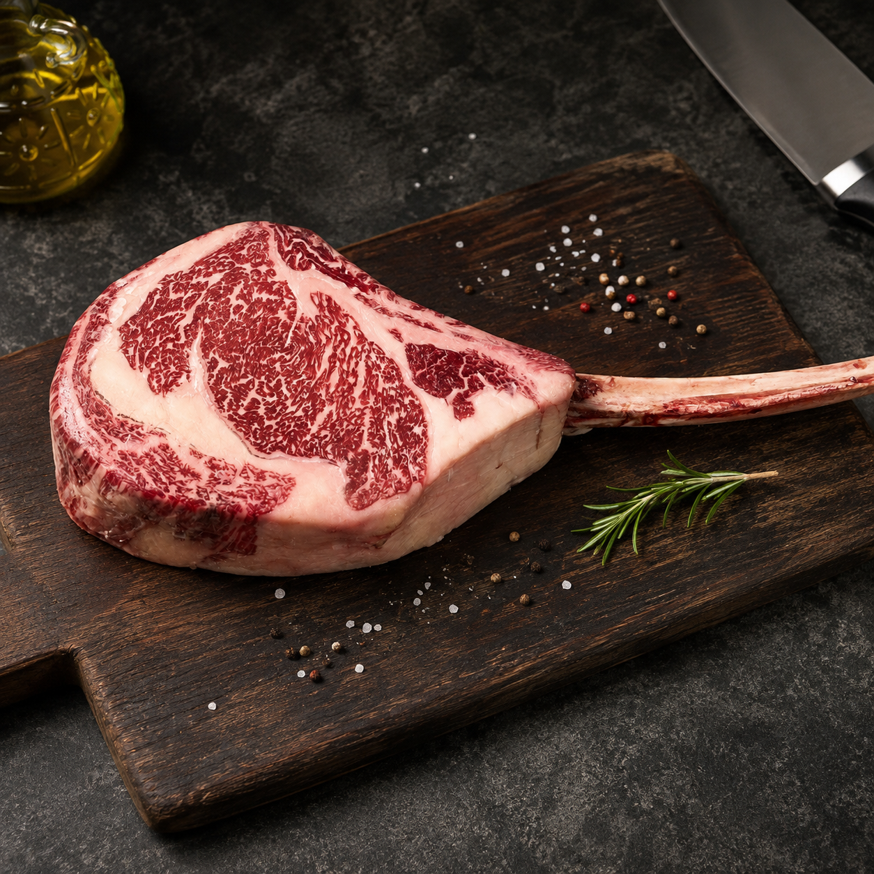 Ωμό Tomahawk Wagyu BMS 6–7 2GR Heritage Αυστραλίας με υψηλό μαρμπλινγκ και μακρύ πλευρικό κόκαλο
