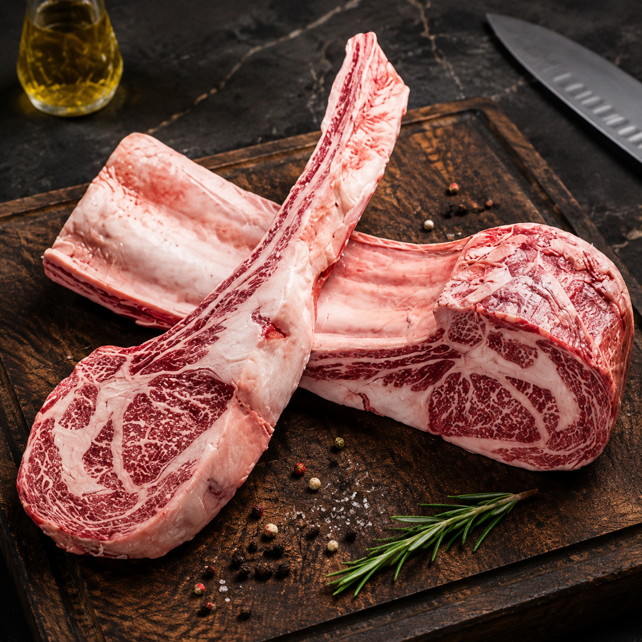 Ωμό Tomahawk Wagyu BMS 8–9 Stone Axe Αυστραλίας με πολύ υψηλό μαρμπλινγκ και μακρύ πλευρικό κόκαλο