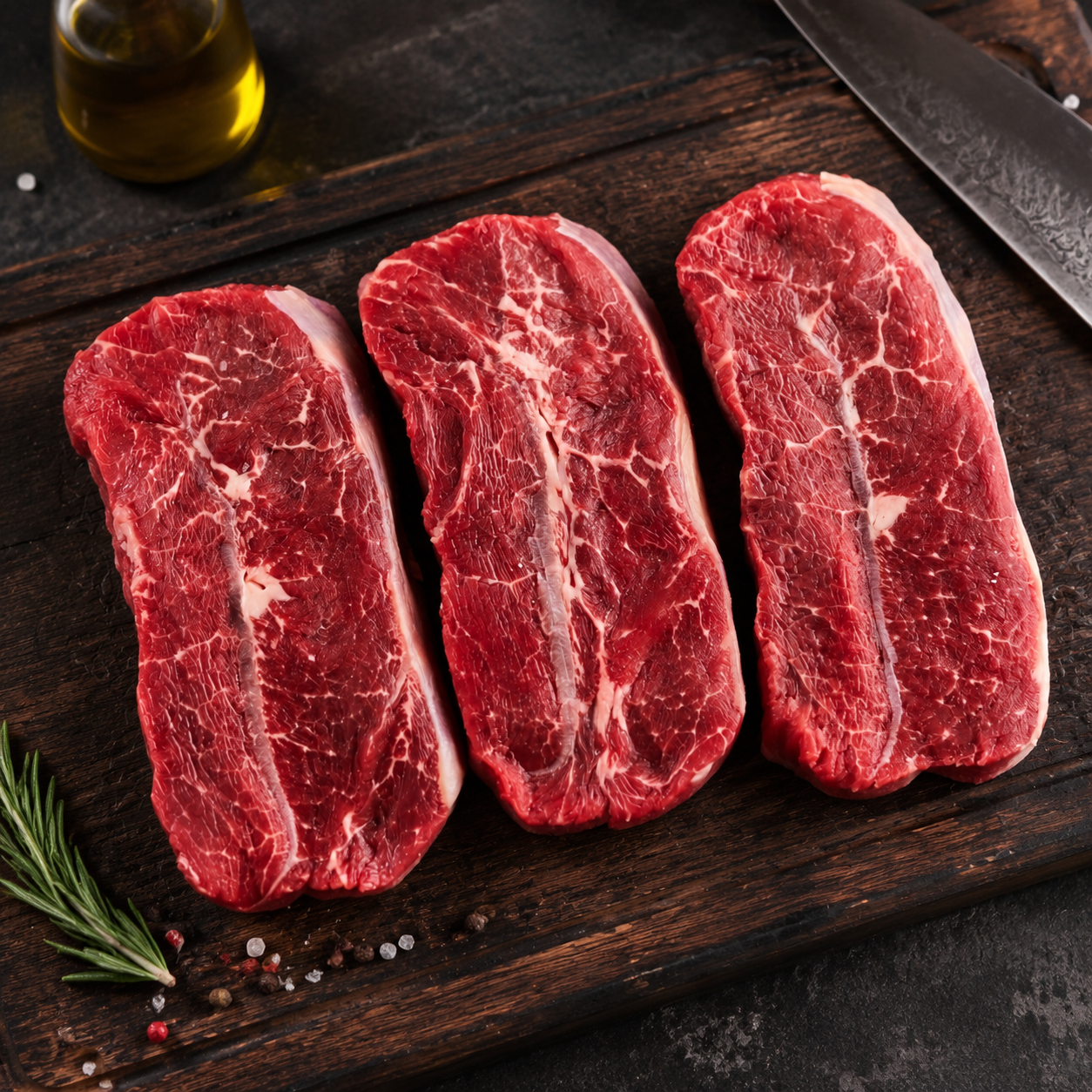 Ωμό Top Blade Steak Black Angus Prime Grain Fed Creekstone USA με εμφανή κεντρική γραμμή συνδετικού ιστού