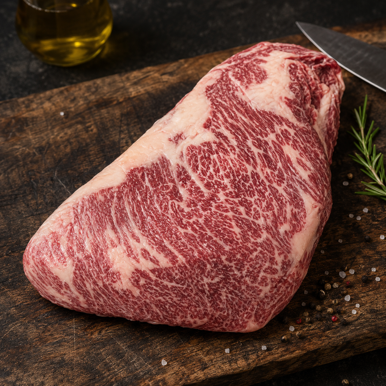Ωμό Tri-Tip Wagyu BMS 8–9 Stone Axe Αυστραλίας με έντονο μαρμάρωμα και τριγωνικό σχήμα